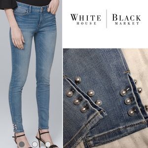 WHBM Mid Rise Skinny Crop Jeans w/ Faux Pearl Trim